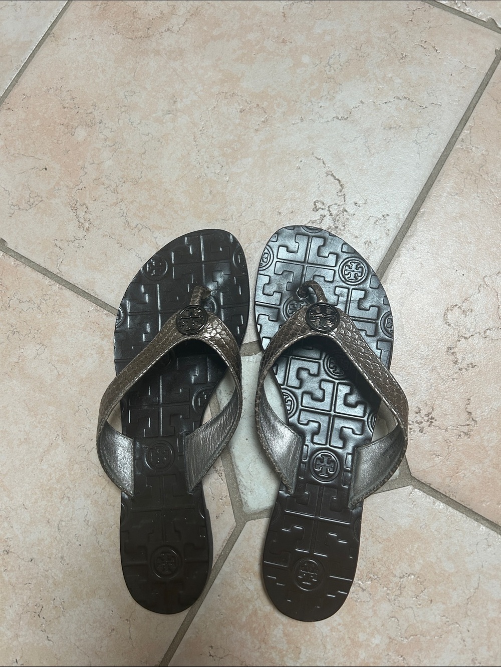 Tory Burch Metallic Bronze Logo Flip Flop Sandals